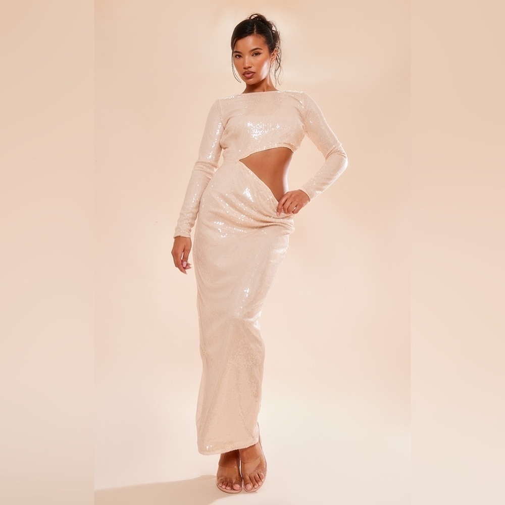 PrettyLittleThing NUDE SEQUIN CUT OUT LONG SLEEVE MAXI DRESS Size 2 NWT